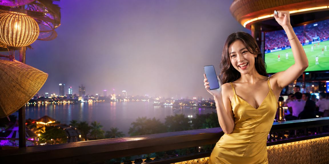 Người dùng đặt cược thể thao trên điện thoại di động tại Hà Nội với nón lá truyền thống